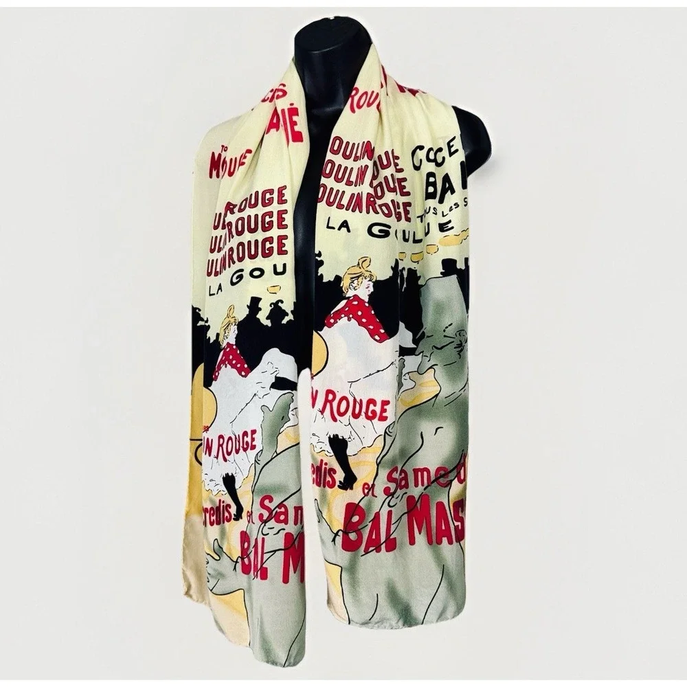 VTG Moulin Rouge Toulouse-Lautrec Double Print Silk Scarf Long Rectangle 18.5x64